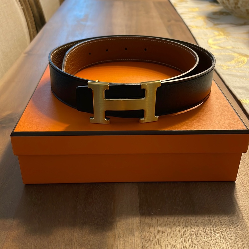 HERMES H belt buckle & Reversible leather strap 32mm brushed gold buckle Size75